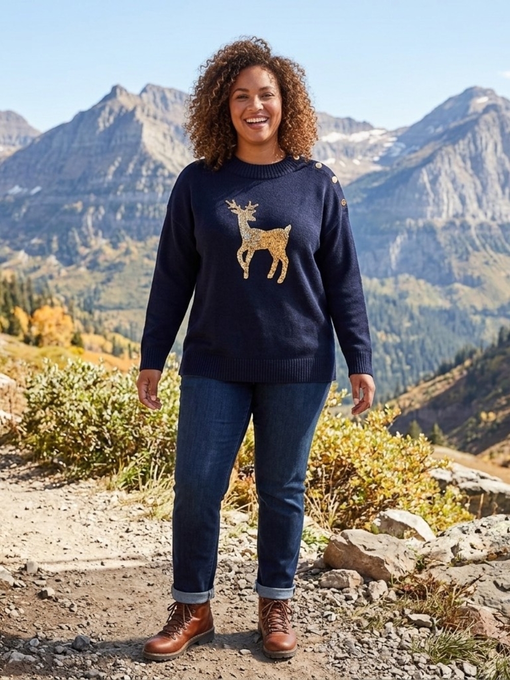 Talbots Navy Sweater with Gold Sequin Reindeer Size 1X